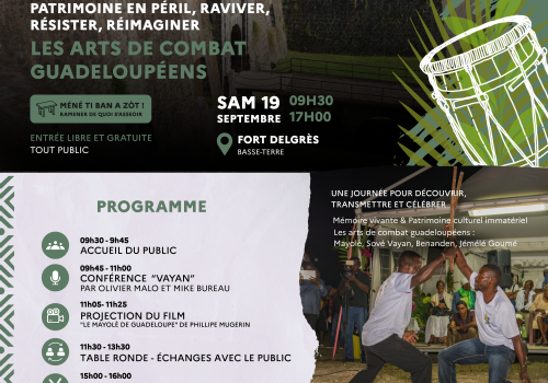 Journées européennes du patrimoine 2026 – Les arts de combat guadeloupéens au Fort Delgrès, Basse-Terre. Samedi 19 septembre, 9h30-17h00. Entrée libre et gratuite.