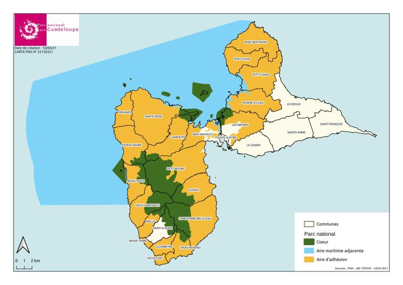 Carte de l'Aire d'adhésion du Parc national de la Guadeloupe