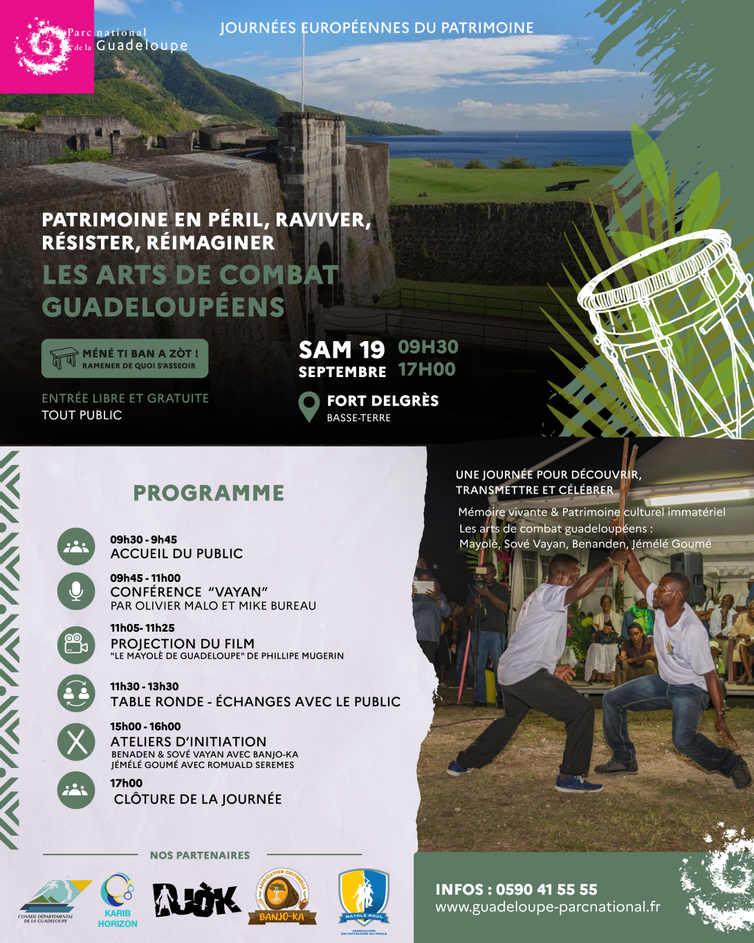 Journées européennes du patrimoine 2026 – Les arts de combat guadeloupéens au Fort Delgrès, Basse-Terre. Samedi 19 septembre, 9h30-17h00. Entrée libre et gratuite.